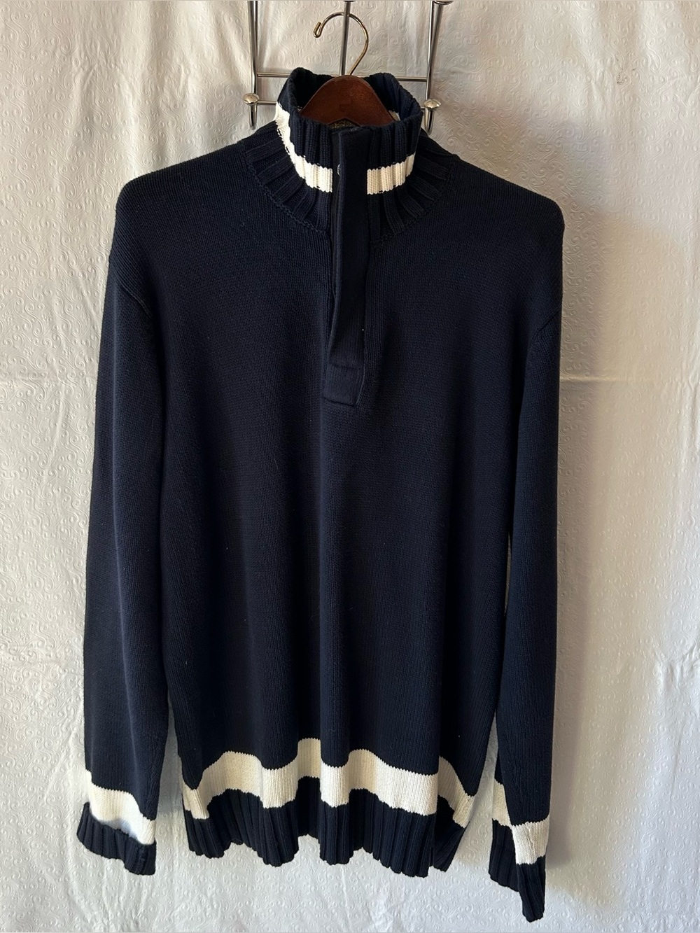 Vintage NAUTICA JEANS CO Men’s L Navy Striped 1/4 Zip Mock Neck Sweater EUC